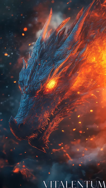 Fiery dragon head emerges from smoke in blazing profile