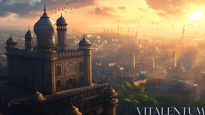 Golden sunset over timeless domed city and quiet rooftops.