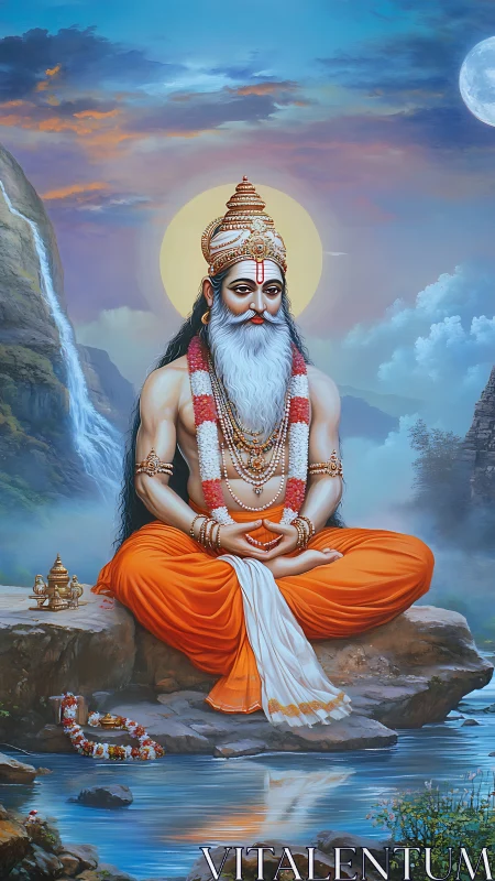 Hindu sage in meditation beside river under glowing sky.