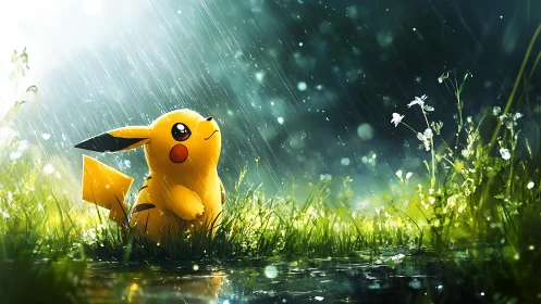 Pikachu daydreams in rainlit meadow of soft thunder hush.