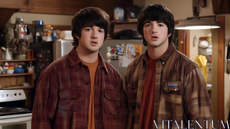 Twin brothers stand surprised in a cozy kitchen interior.