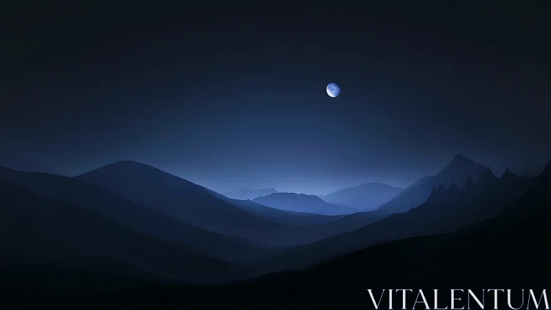Moonlit blue gradients reveal layered mountain silhouettes