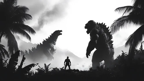 Colossal kaiju confront lone human amid jungle clearing