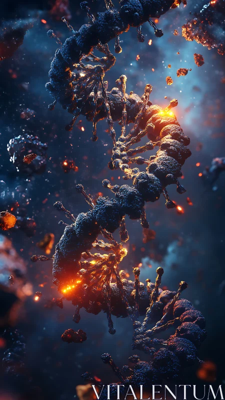 Glowing cosmic DNA helix unravels in deep space storm.