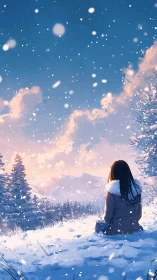 Solitary figure seated in snowy landscape at twilight.