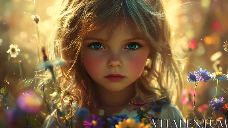 Child portrait in luminous wildflower field, golden bokeh glow.
