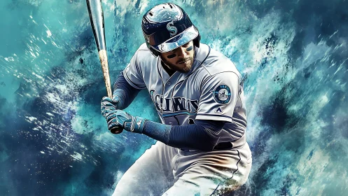 Focused baseball slugger ready to swing in bold colors.