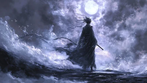 Lone samurai in stormy moonlit surf, ethereal nightscape.