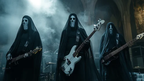 Masked metal band performs under eerie blue stage haze