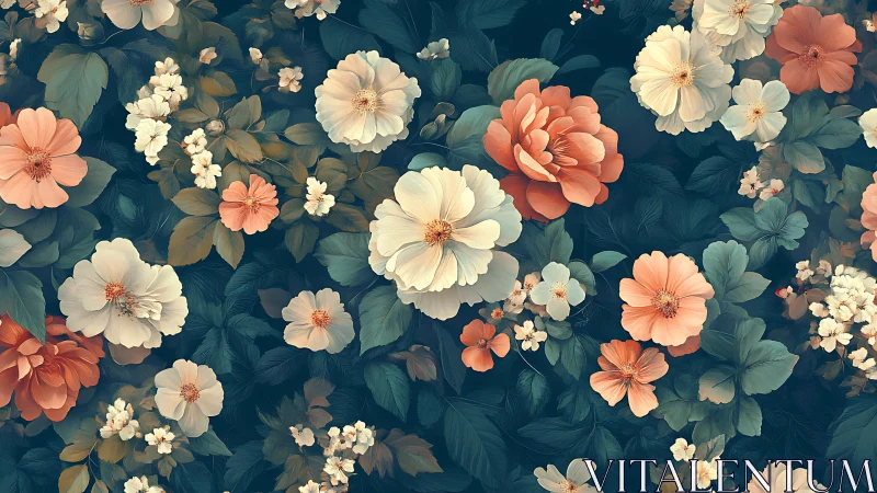 Botanical composition with layered flora rendered in warm and cool tones