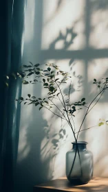 Soft morning light tracing leafy shadows on a quiet vase.