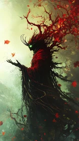 Autumn forest spirit unfolds in swirling crimson branches