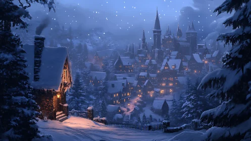 Snowbound fantasy village under deep blue winter night.