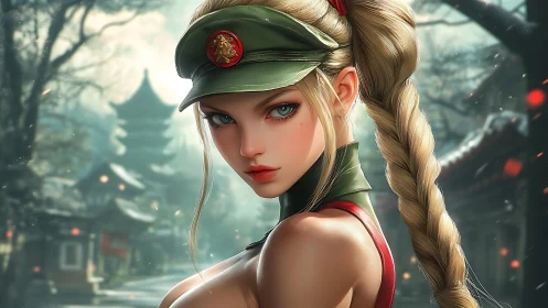 Soldier heroine with braid in misty temple courtyard.