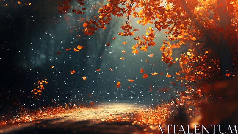 Autumn forest path shows falling leaves in soft backlight