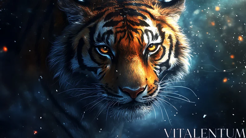 Starlit tiger gaze prowls through embers and drifting snow.