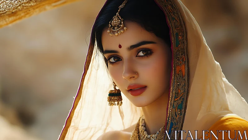 Portrait of South Asian woman in embroidered dupatta, golden bokeh