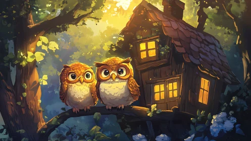 Two small owls on branch near lit wooden forest house.