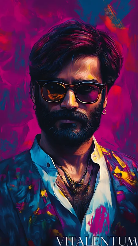 Neon-lit bearded man in sunglasses amid vibrant strokes.