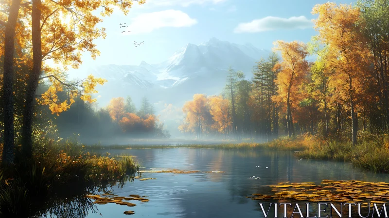 Autumnal alpine lake with volumetric mist and spectral foliage.