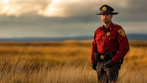 State trooper standing in golden prairie at sunset light.