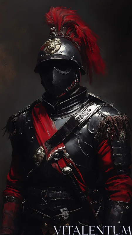 Armored pikeman in black cuirass and red plumes under low key lighting