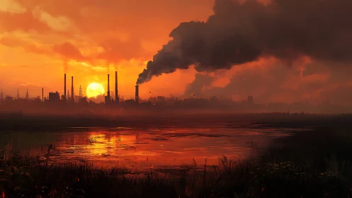 Golden sunset over smokestacks and a quiet reflective lake.