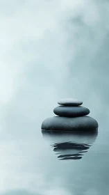 Zen basalt stones balance on calm reflective water surface.