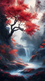 Red foliage tree above misted waterfall in rocky gorge.