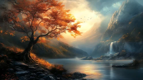 Golden autumn tree by misty lake in glowing mountain light.