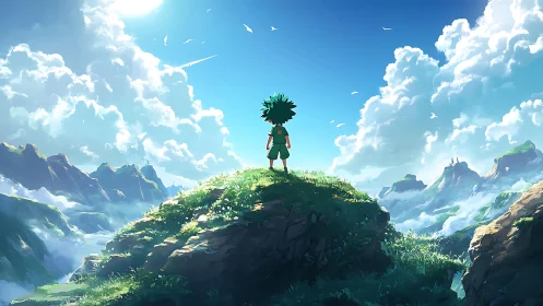 Solitary anime figure surveying luminous mountain panorama