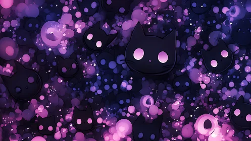 Neon violet cat faces amid luminous abstract bokeh field