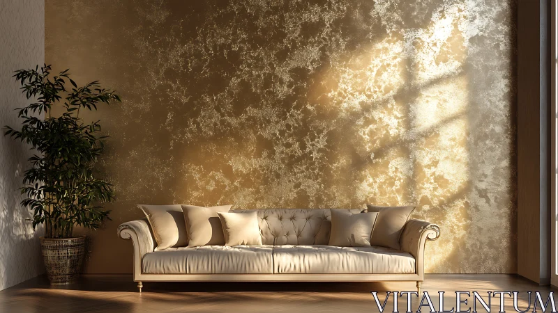 Luxurious tufted sofa against metallic textured accent wall.