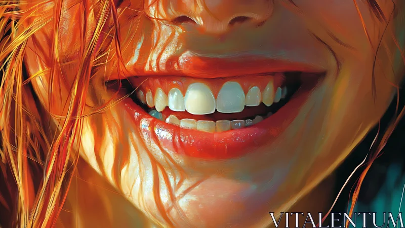 Vibrant close-up smile glows through sunlit orange strands.