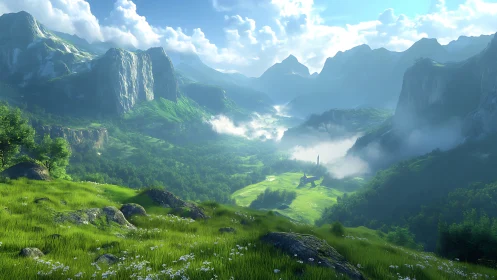 Sunlit valley unfurls between cloud-draped emerald giants