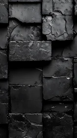 Stacked cracked black stone blocks form a vertical surface