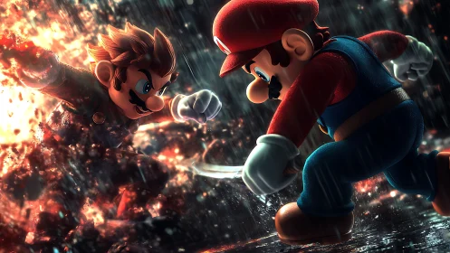 Mario faces fiery doppelganger in dramatic rain-soaked clash.