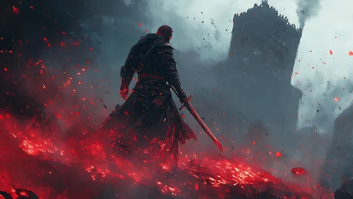 Armored figure stands in burning field before distant tower