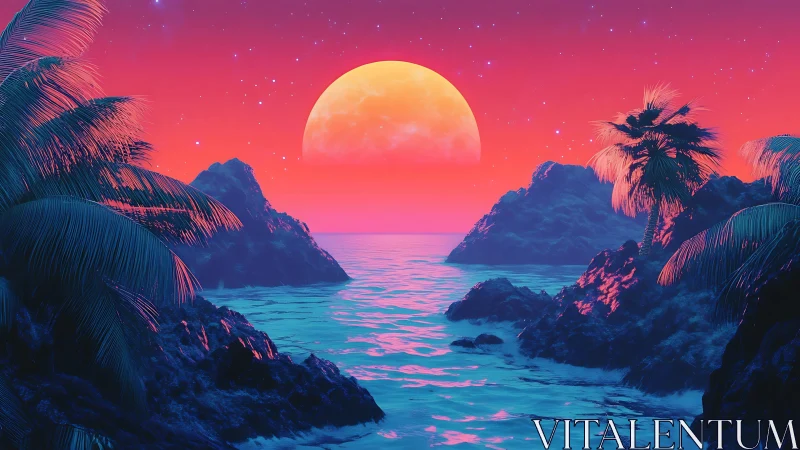 Neon coastline with palm silhouettes under large setting moon.