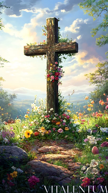 Wooden cross rising over sunlit wildflower meadow at dawn.