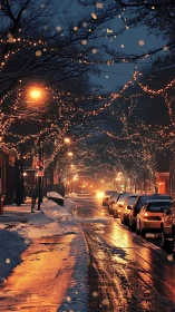 Snowlit main street draped in golden winter fairy lights.