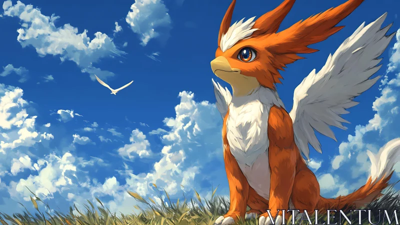 Winged fox creature watches soaring bird under vivid sky.