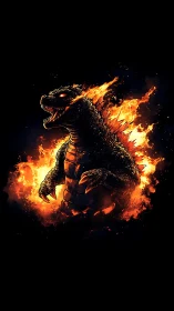 Fiery monster rises in glowing flames against dark night sky.