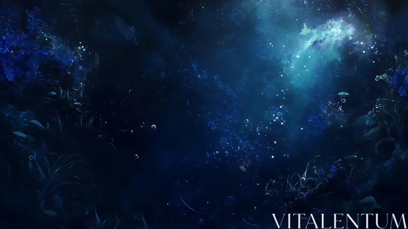 Bioluminescent deep sea canyon with drifting particulate bloom