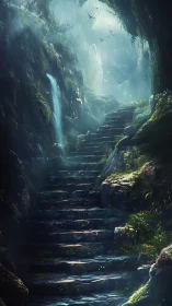 Mossy stone stairway ascending through luminous forest gorge.