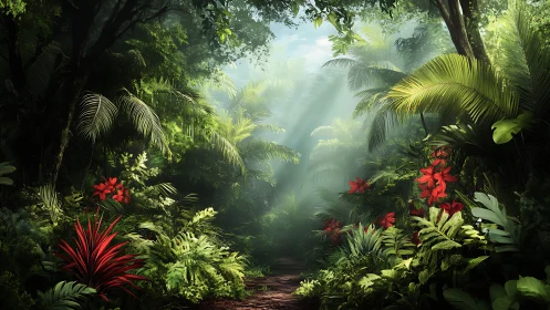 Lush Tropical Jungle Sanctuary with Vibrant Red Blooms.