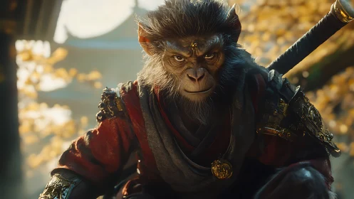 Monkey warrior in ornate armor readies for a forest battle.