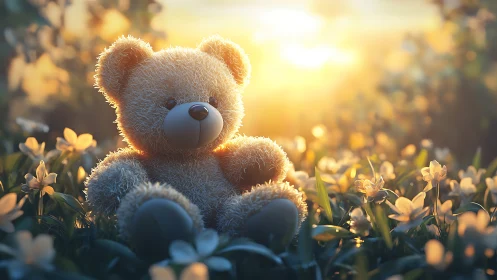 Sunlit teddy bear resting softly in a dreamy flower meadow.