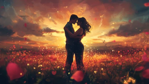 Silhouetted romantic couple embracing at sunset over bokeh-rendered landscape field