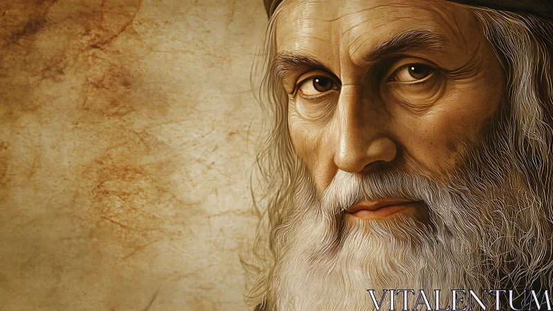 Hyper-detailed aged male portrait with textured parchment backdrop